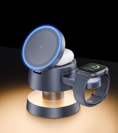 База для бездротової зарядки 4-в-1 для iPhone 17/16/15/14 Pro Max з нічним світлом, сумісна з Apple Watch та AirPods (сіра)