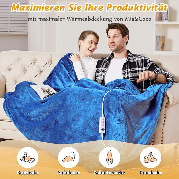 Електрична ковдра Mia&Coco з автовимкненням, 180x200 см, 10 рівнів нагріву, таймер до 9 годин, захист від перегріву, блакитна