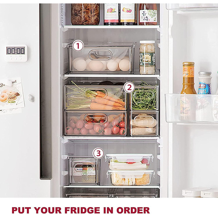 Refrigerator Organizer Drawer Set with Handle, 3-Piece Stackable Kitchen Storage Boxes with Pull-Out Drawer & Lid for Vegetables, Berries, Meat | PET Plastic Food Storage Containers (2 packs with drawer - 6L * 2)