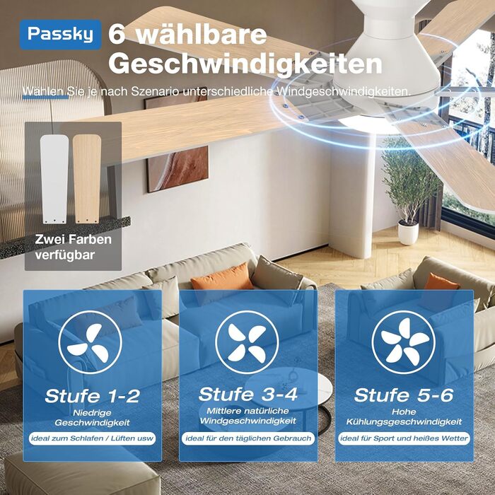 Стельовий вентилятор з освітленням Passky 132 см, білий: LED-лампа з 3 режимами світла, DC-мотор, 6 швидкостей, пульт керування, реверсивний режим (літо/зима) для вітальні та спальні