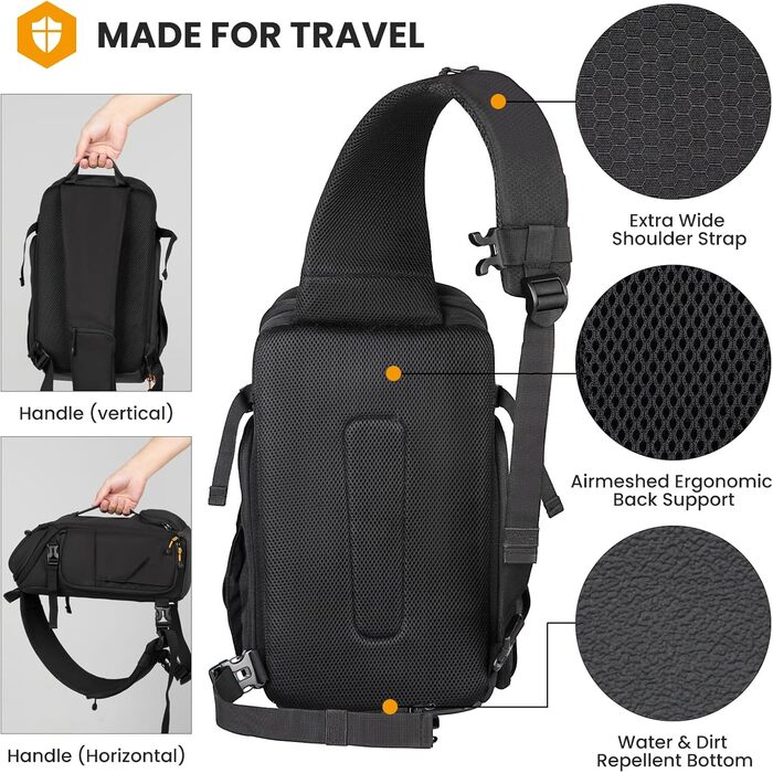 Сумка для камери Tarion Sling: фотосумка на плече для DSLR, об'єктивів, штативів та аксесуарів (чорна)