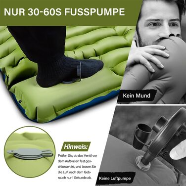 Isomatte кемпінгова самонадувна, надувний килимок для кемпінгу з насосом-пресом та подушкою, компактна та легка, для відпочинку на природі, зелено-блакитна