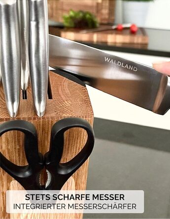 Набір ножів WALDLAND Premium з підставкою – 7 предметів | Набір кухонних ножів з інтегрованим точилом | Матеріал: дуб | Преміум якість