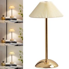 Світлодіодна настільна лампа Starnearby бездротова, з сенсорним димером, акумуляторна, 3 режими освітлення, вінтажний плетений металевий дизайн, для спальні, офісу, тумбочки (Бежева + Золота основа)