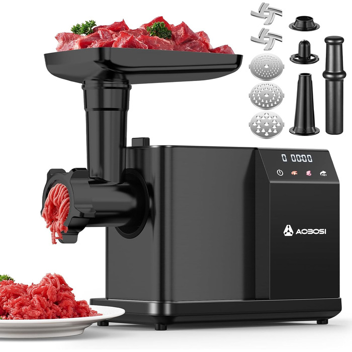 AAOBOSI Electric Meat Grinder - 3000W MAX with LED Display, 3 Speeds, Anti-Clogging Technology, Built-in Storage Box, Sausage Maker & Kibbeh Maker for Home Use
