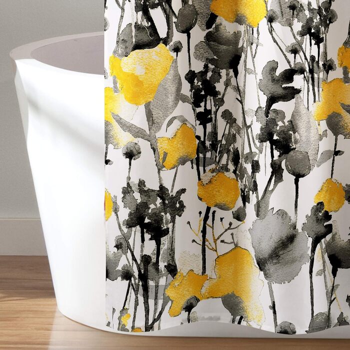 Штора для душу Lush Decor Zuri Flora, тканина, квітковий принт акварель, 183x183 см, жовтогаузький колір