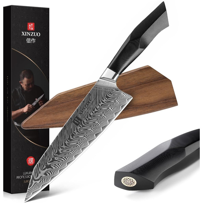 XINZUO ніж кухарський Дамаск 21.5см, Kiritsuke Gyuto, професійний, сталь G10, магнітний чохол, серія Feng