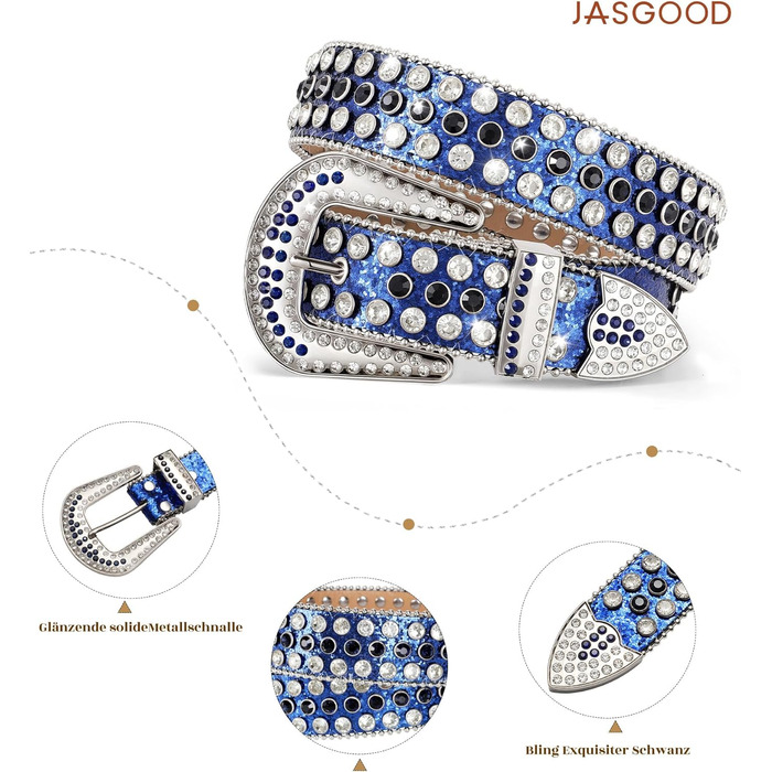 Жіночий шкіряний ремінь JasGood з камінням, стиль вестерн, ковбойський, з заклепками для джинсів та штанів (Синій, 105 см, підходить для розміру 66-80 см)