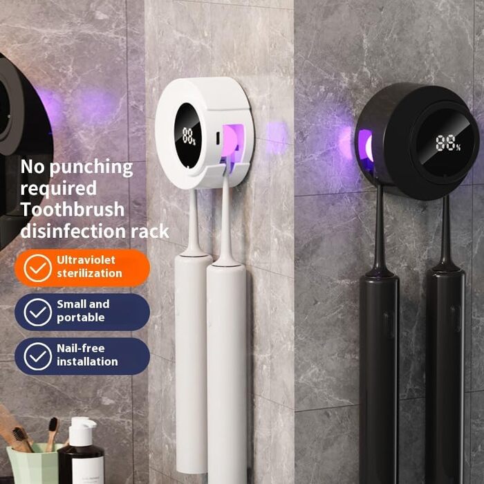2-Slot Toothbrush Holder, Wall Mount, Portable UV Toothbrush Sanitizer, Travel Essentials Toothbrush Covers (white) (Black)