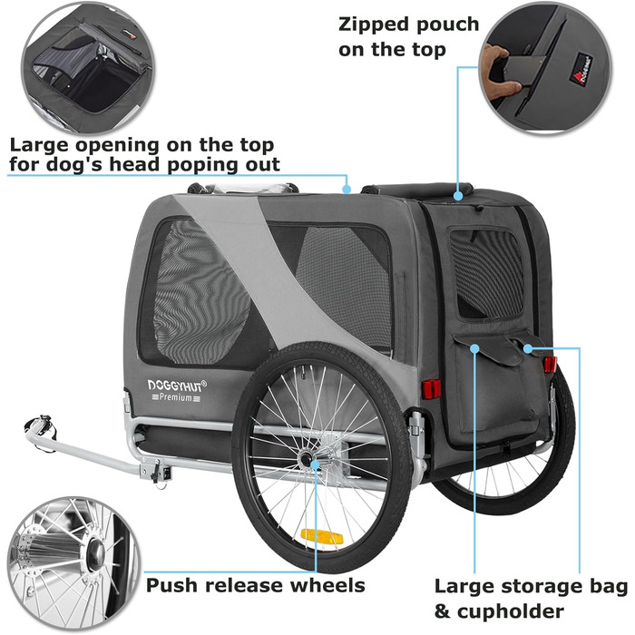 DOGGYHUT® Преміум XL Причіп для собак до 45 кг. Причіп для велосипеда для собак, великих собак, сірий (80103)