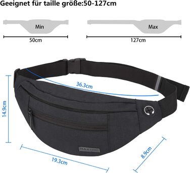 Чоловіча/Жіноча поясна сумка MAXTOP для активного відпочинку, спорт, подорожі (4 відділення, водонепроникна, чорна)