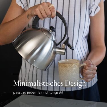 Чайник FLORINA Brillo з нержавіючої сталі (2,5 л) | Чайник-свисток для плити (індукційна, газова, електрична) | Сріблястий | Зручна ручка з бакеліту