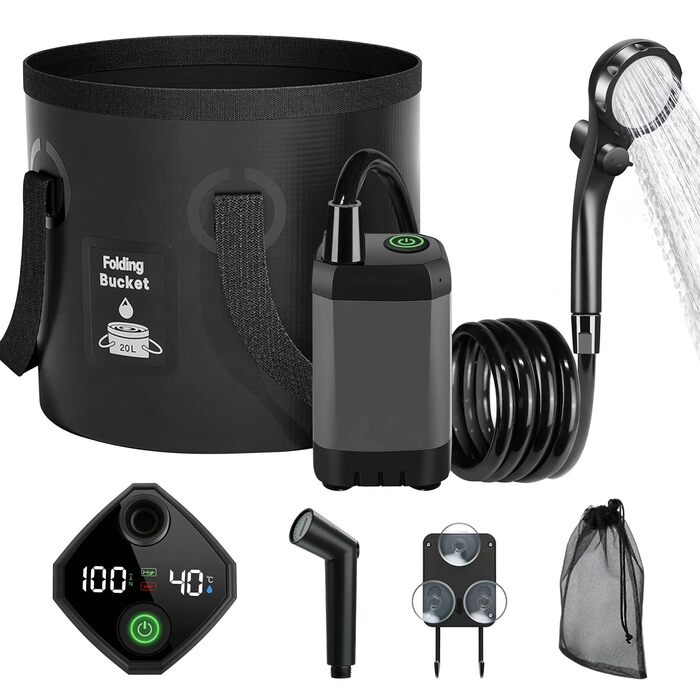 Camping Dusche 2026: Портативний душ для кемпінгу з акумулятором, 6000mAh, 3 режими, 5 галонів, складаний водостік для подорожей та походів