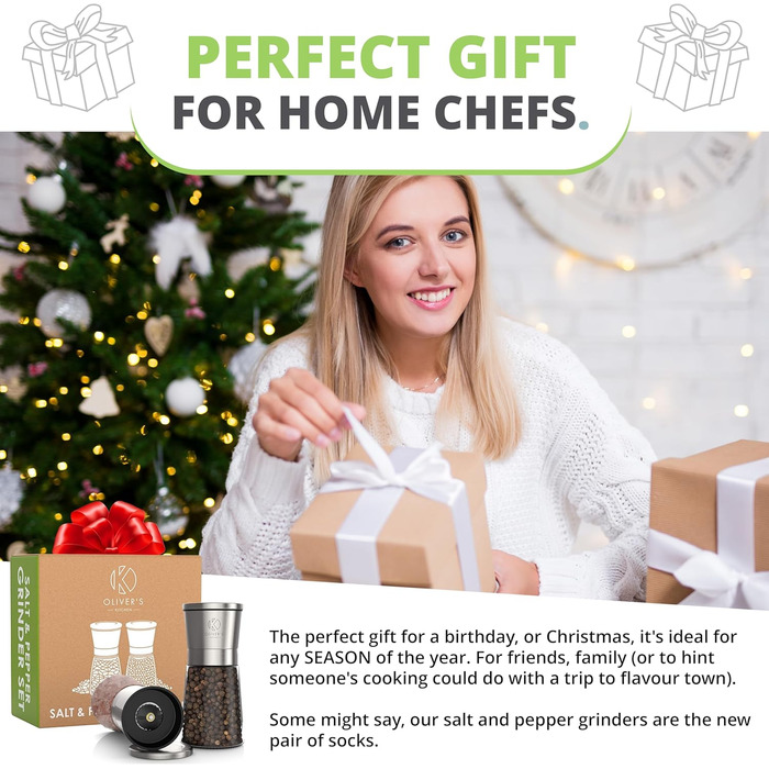 Набір з 2 шт. мельниць для солі та перцю Oliver's Kitchen® - преміум керамічні жорна, велика ємність, регульований ступінь помелу, ручний дозатор