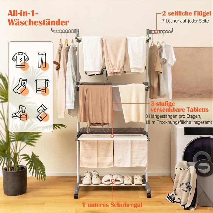 Стійка для білизни GOPLUS 4-ярусна розкладна з 2 тримачами для вішалок, 3 висувними полицями, полицею для взуття та 4 колесами для дому та вулиці (Сірий)
