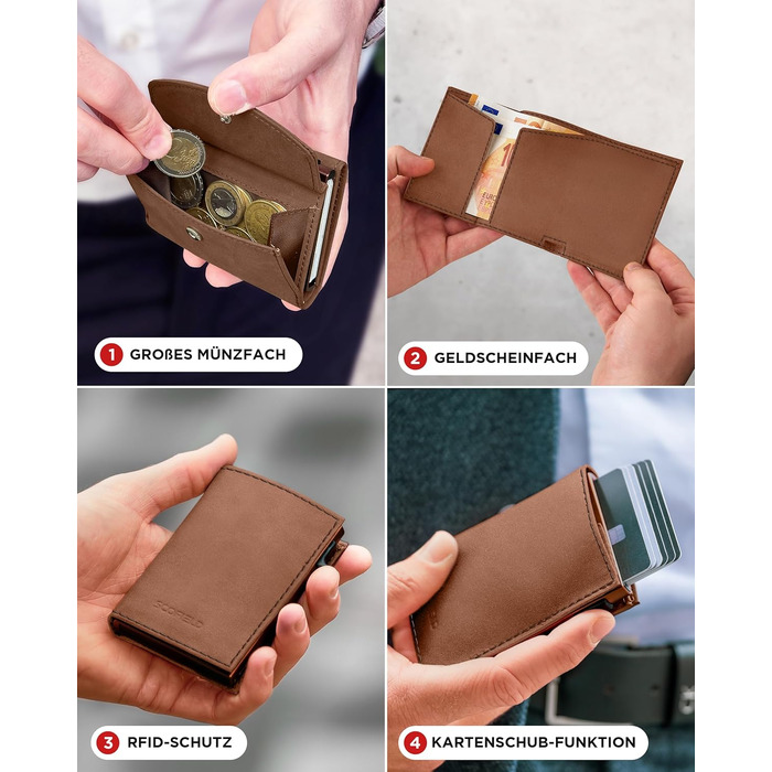 Шкіряний чоловічий гаманець SF SCOFIELD Duality Magflip Slim з RFID захистом та монетницею, коричневий (Vintage Brown - Caramel Brown)