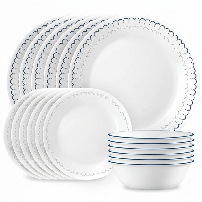 Посуд Corelle 18 предметів на 6 осіб, синьо-білий, міцний, для мікрохвильовки та посудомийної машини