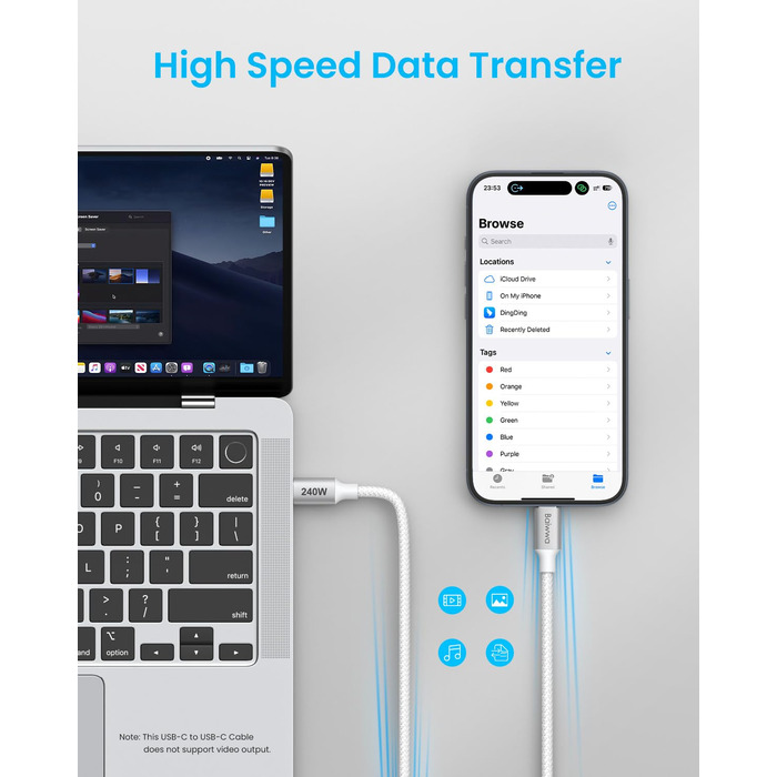 Кабель USB-C to USB-C 240W, 1м, білий. Швидка зарядка 5A. Сумісний з iPhone 15/16 Pro Max, Samsung Galaxy S25/S24 Plus/A16/A56