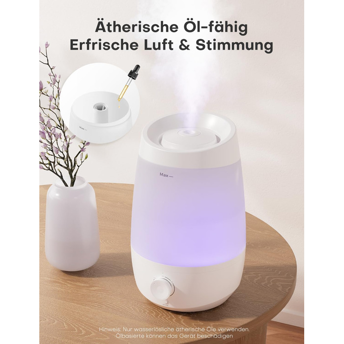 Зволожувач повітря AROEVE для спальні, 2,5л, 250 мл/год, дифузор для ефірних олій, автовимкнення, 25 дБ, тихий для дітей та рослин, білий