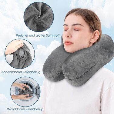 Подушка для шиї BBjinronjy надувна для подорожей, літака, офісу, авто, кемпінгу, з чохлом з м'якого велюру, ергономічна, з навушниками (сіра)