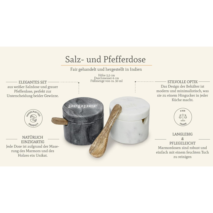 Birsppy Fair Trade Kitchen Utensils Salt and Pepper Shaker Set Marble with Spoon and Lid Salt Pot Stone