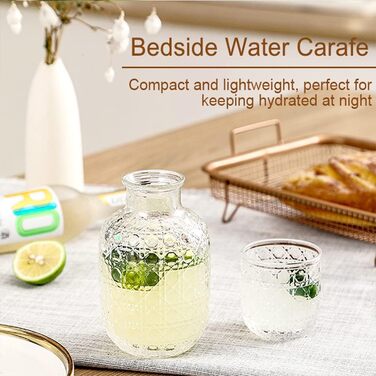 Vintage Water Carafe, Nightstand Water Carafe and Glass Set, Carafe with Glass Beaker for Nightstand, Thick Glass Mouthwash Decanter for Bedroom, Guest Room, Bathroom, Kitchen, 440ml (Transparent)