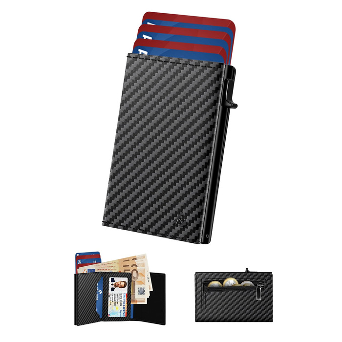 Чоловіче картхолдер/портмоне: тонкий дизайн, RFID захист, відділення для монет, віконце для ID, карбоновий чорний колір