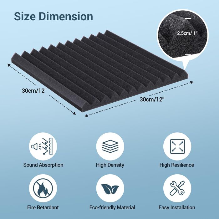 Акустичні панелі Ohuhu для звукоізоляції, шумопоглинаючий пінополістирол 30x30x2,5 см, 24 шт. — для студії, подкастів та геймінгу