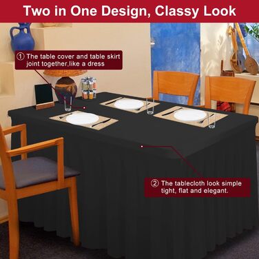 Thick 2-in-1 Spandex Table Skirt and Table Cover 6ft, Rectangle Fitted Tablecloth with Pleated Skirt, Table Linens for Banquets Event (Black, 72