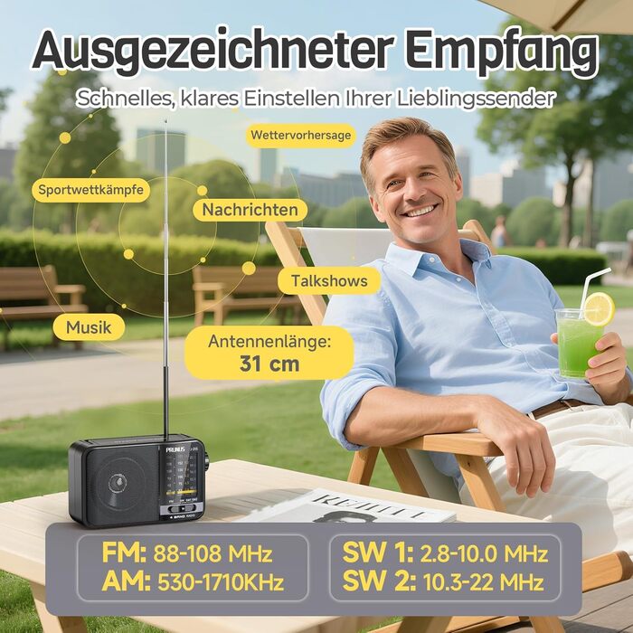 Радіоприймач PRUNUS J-25S FM/AM/SW: Портативне радіо на сонячній батареї з акумулятором 1800mAh, великий динамік, чудовий прийом, просте радіо для літніх людей