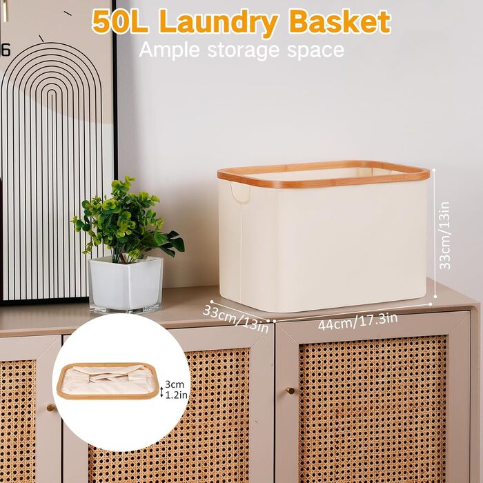 Efluky Foldable Laundry Basket 50L, Bamboo Fabric Foldable Storage Basket, Collapsible Storage Basket, Laundry Baskets for Bedroom Bathroom (Beige)