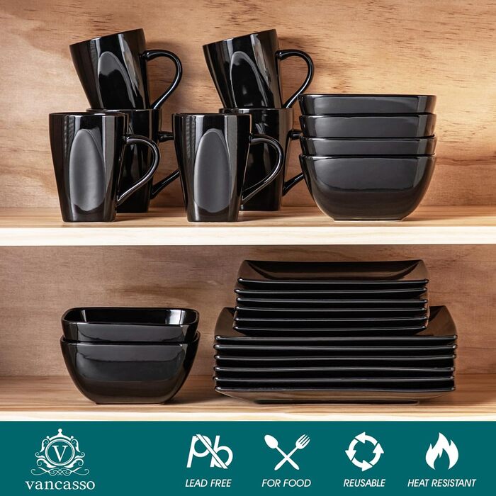 Vancasso Dinnerware Set, 24 Piece Stoneware SOHO Square Dish Set for 6 People, Combination Set, Square 24 Piece Black