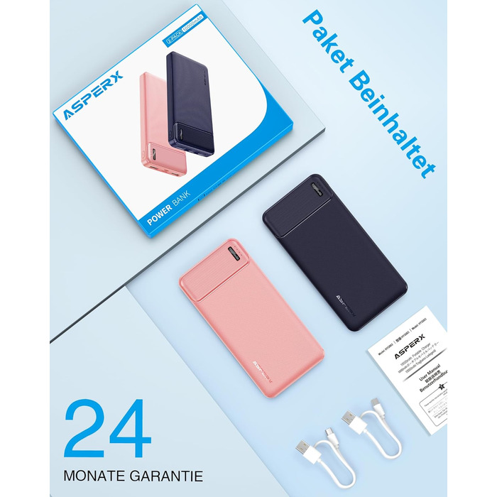 Power Bank AsperX 10000mAh (2 шт.) з USB-C, 4 порти, для iPhone, iPad, Huawei, Tablet - Чорний+Білий