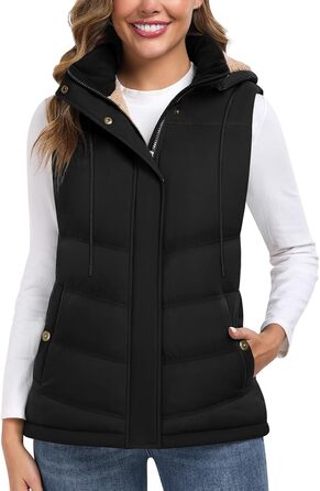 Жіноча жилетка Tuopuda з капюшоном, стеганий фліс, утеплена флісом, тепла зимова куртка без рукавів, термо жилетка, комір-стійка, жилетка з капюшоном, блискавка, осінь/зима, чорний колір, розмір L