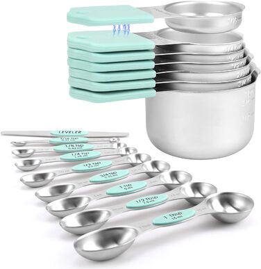 Magnetic Measuring Cup and Spoon Set, Durable 304 Stainless Steel, Double Measuring Markings, 16-Piece Set, with Leveler for Measuring Dry and Liquid Ingredients, Mint Green