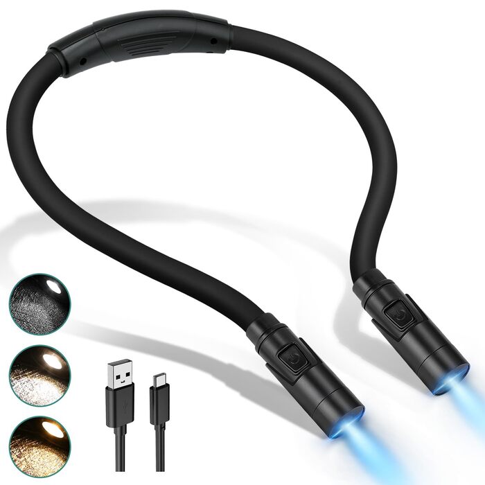 LED лампа на шию LUXJET для читання, в'язання, ремонту - акумуляторна, 3 кольори, регульована яскравість, чорна