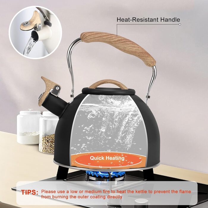 Чайник для плити Vegoran 3 л з дзвінкою свисткою, з нержавіючої сталі з дерев'ястим декором, з кришкою-засувкою, для чаю, кави, молока (зелений, чорний)