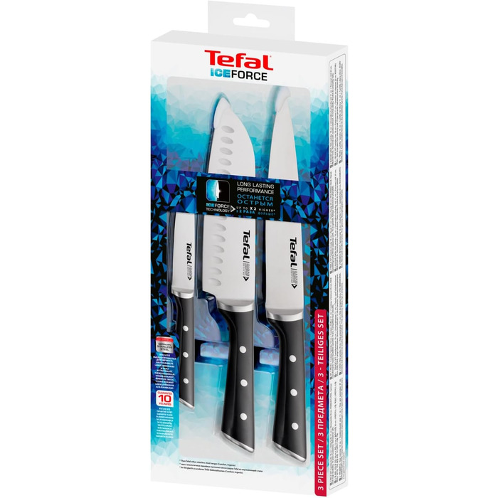 Набір ножів Tefal Ice Force 3 шт: ніж для м'яса 20 см, ніж Сантоку 18 см, універсальний ніж 11 см, нержавіюча сталь, чорний, K232S3