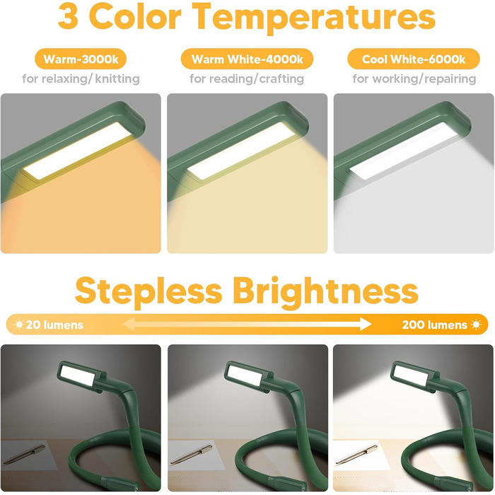 LED лампа на шию для читання Buch: світло для книги, в'язання, рукоділля (зелена). 3 режими освітлення