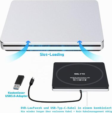 Зовнішній DVD-накопичувач для ноутбука: Портативний USB CD/DVD привід та записувач для Mac, MacBook, PC, Windows (Сріблястий)