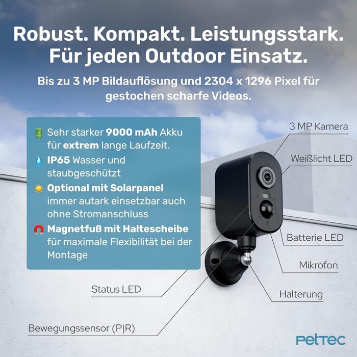 PetTec Pet Cam Buddy: камера для тварин з автоматичним дозатором корму 8L для котів та собак - Wi-Fi, App-керування, 2-Way аудіо, розпізнавання гавкіту, нічне бачення (Outdoor LTE камера з магнітним кріпленням)