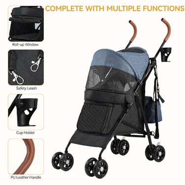 Візок для собак та котів DWVO, до 11,3 кг, складний, з подушкою та кошиком для зберігання, блакитно-чорний (45x80x103 см)