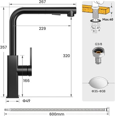 Кухонний змішувач CECIPA висувний з душем, чорний, нержавіюча сталь, 360° поворот, 2 режими струменя, для кухні