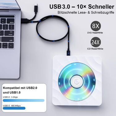 Зовнішній DVD/CD привід USB: DVD-брунер та оптичний накопичувач для ноутбука та ПК, підтримка +/-RW ROM, сумісність з Windows, MacOS, Linux (білий)