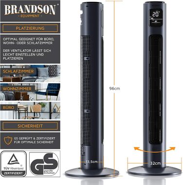 Вентилятор торгової марки Brandson з пультом керування, 96 см, 3 швидкості, осциляція 60°, темно-синій, преміум-якість