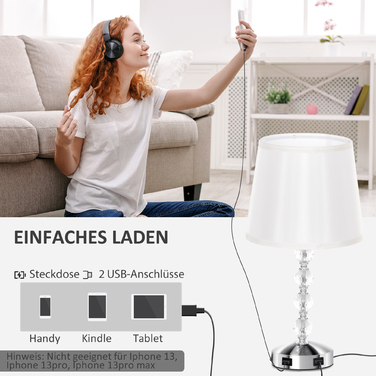 HOMCOM Table Lamp LED Desk Lamp USB Rechargeable, Crystal Nightstand Lamp, Lamp Base E27, for Living Room Bedroom, Glass, Silver 23 x 23 x 45 cm | Aosom
