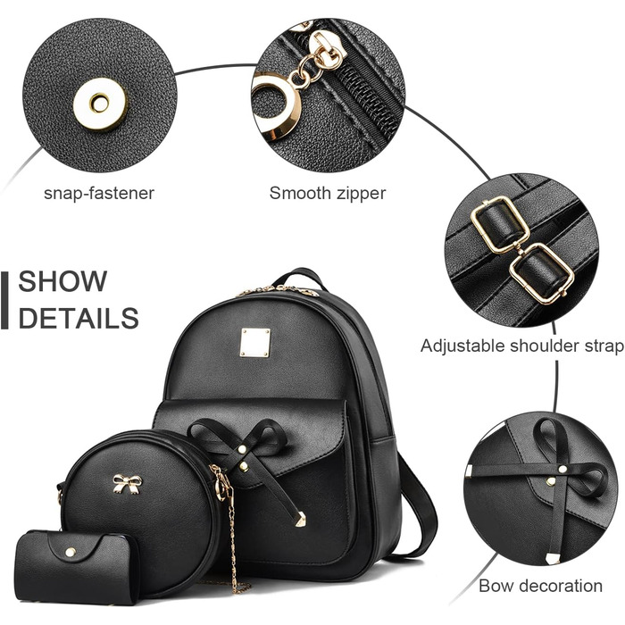Жіночий рюкзак з PU шкіри: стильний, для подорожей, школи, роботи. Набір чорного кольору