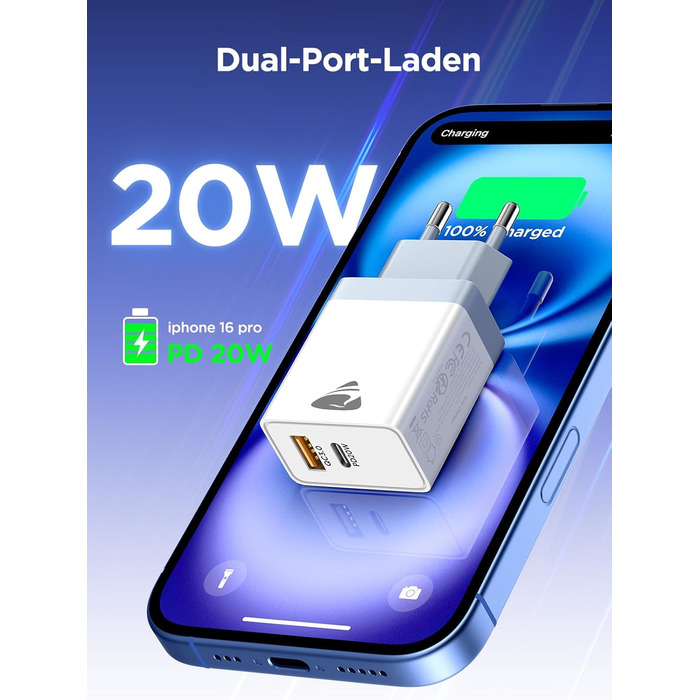 Мережевий адаптер USB C з двома портами, 20W, PD 3.0, з кабелем USB C - USB C 2м, білий
