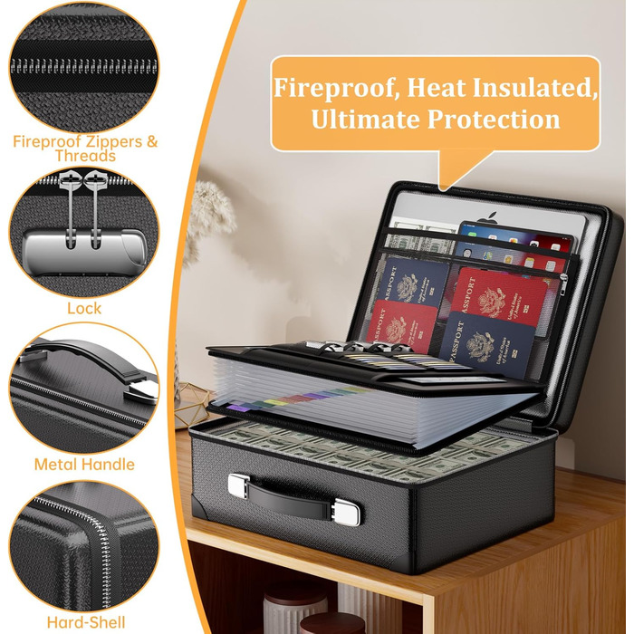 Вогнестійкий сейф для документів DocSafe з замком, термоізольований, водовідштовхувальний, 10 шарів, міцний кейс з блискавкою та кишенями, захищає особисті речі