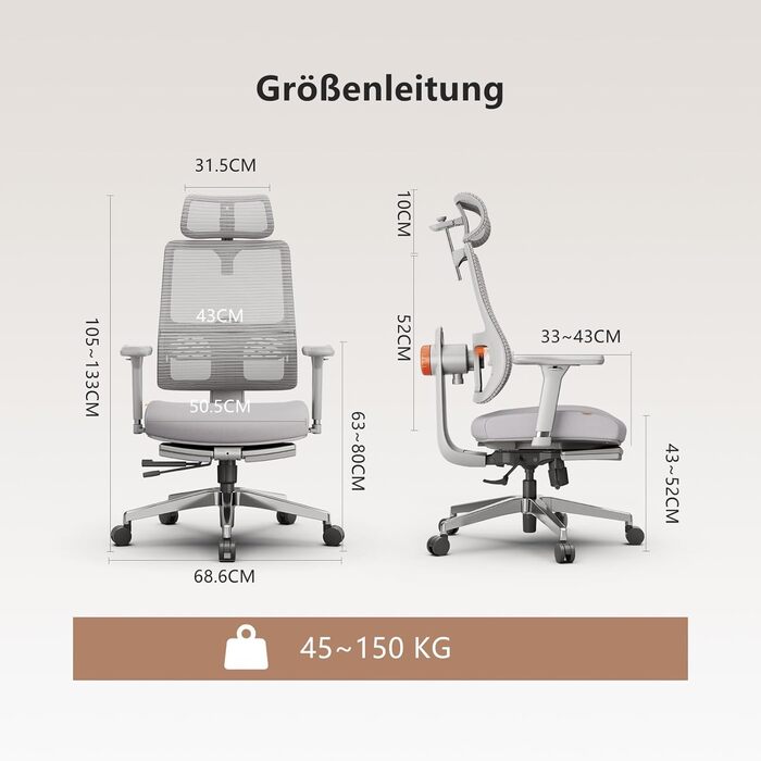 Офісне крісло Newtral MAGICH-PRO з підніжкою: ергономічне, з підтримкою голови та попереку, до 150 кг, сірого кольору